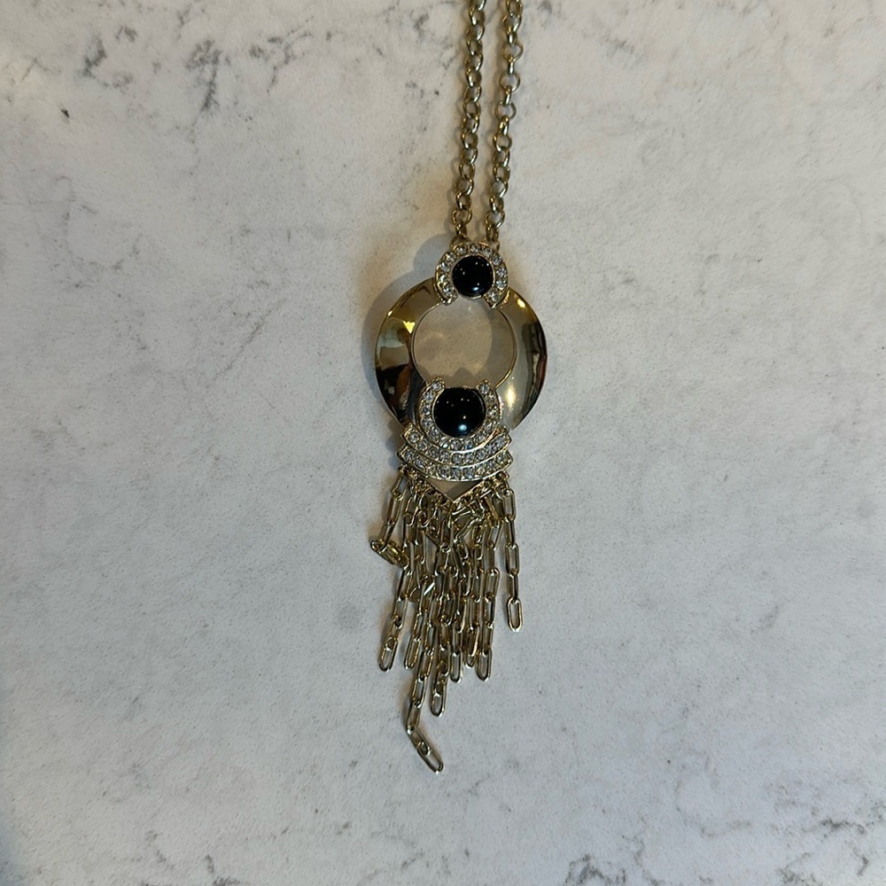 WHBM gold tone black dangly medallion with crystal stations costume necklace NWT